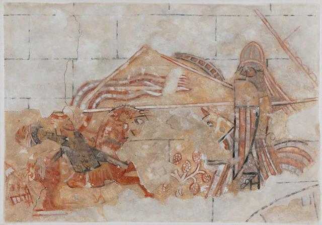 Cavaliers s'affrontant à la lance. Fresque de l'église de Coincy (Picardie) vers 1200. Relevé © Ministère de la Culture, base Patrimoine.