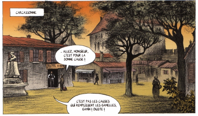 La place Marcou et la silhouette de la porte Narbonnaise dans España la vida, planche 37, case 1