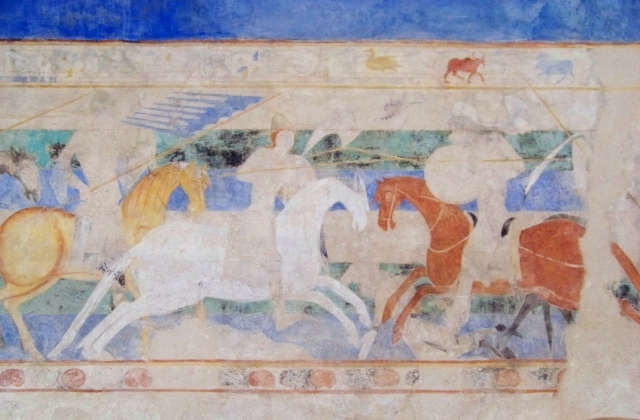 Combat d'un chevalier chrétien (à gauche) et d'un cavalier Sarrazin (à droite). Fresque de la seconde moitié du XIIe siècle conservée au château comtal de Carcassonne. Vous pourrez lire bientôt l'interprétation de cette fresque dans mon étude à paraître : Dame Carcas, une légende épique occitane.