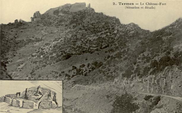 Vue du château de Termes vers 1906. (Carte postale de Michel Jordy. Bibliothèque municipale de Carcassonne.)