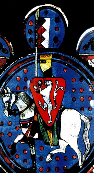 Vitrail de la cathédrale de Chartres représentant Amaury de Montfort, vers 1220. Photo d’après F. de Lannoy, J. Labrot « La croisade albigeoise », Moyen Âge, n° 30, septembre-octobre 2002.