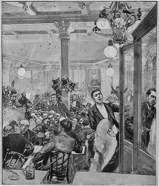 L'attentat du café Terminus. La cible possède des similitudes avec celles des attentats du 13 novembre 2015.(Illustration publiée dans Le Globe illustré, 25 février 1894).